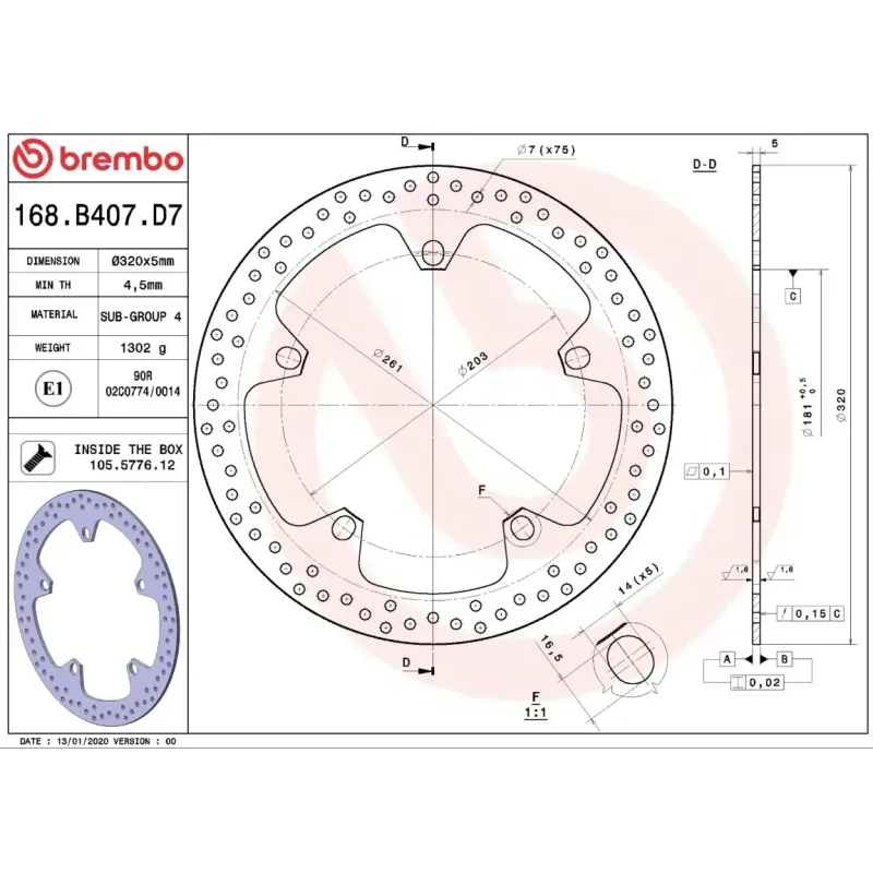 Disco de freno moto Brembo fijo Serie Oro 168B407D7 con kit de montaje