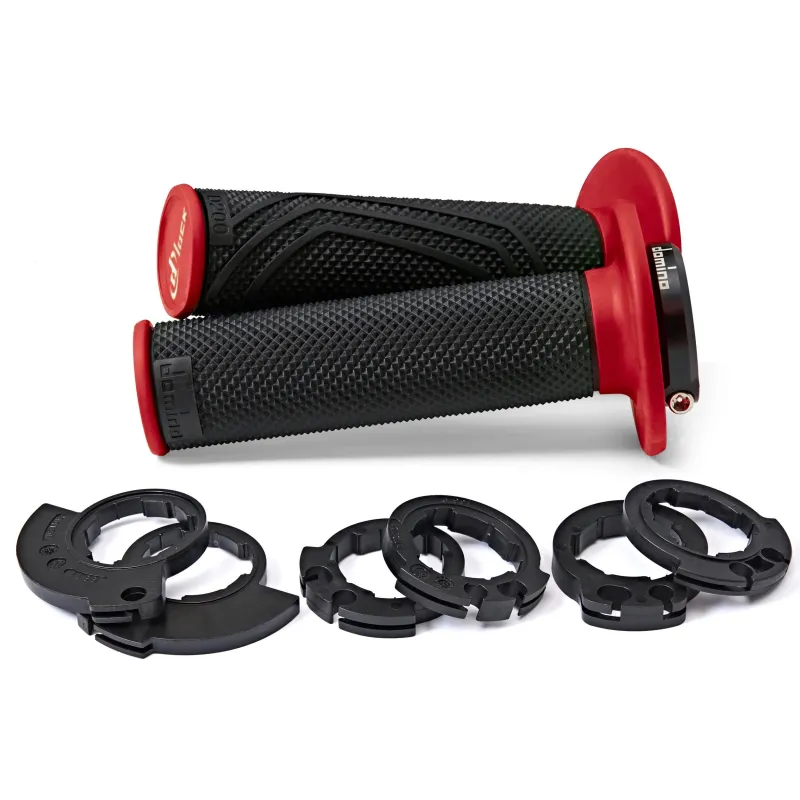 Puños moto Domino D-Lock negro/rojo con polea 22–26 mm (lock-on)