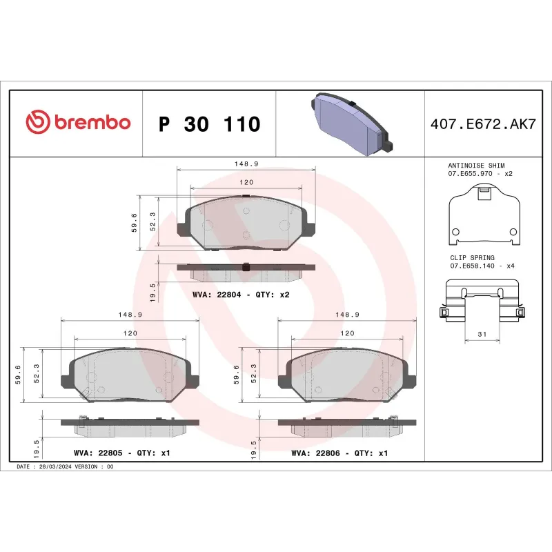 BREMBO P 30 110 Juego de pastillas de freno