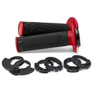 Puños moto Domino D-Lock negro/rojo con polea 22–26 mm (lock-on)