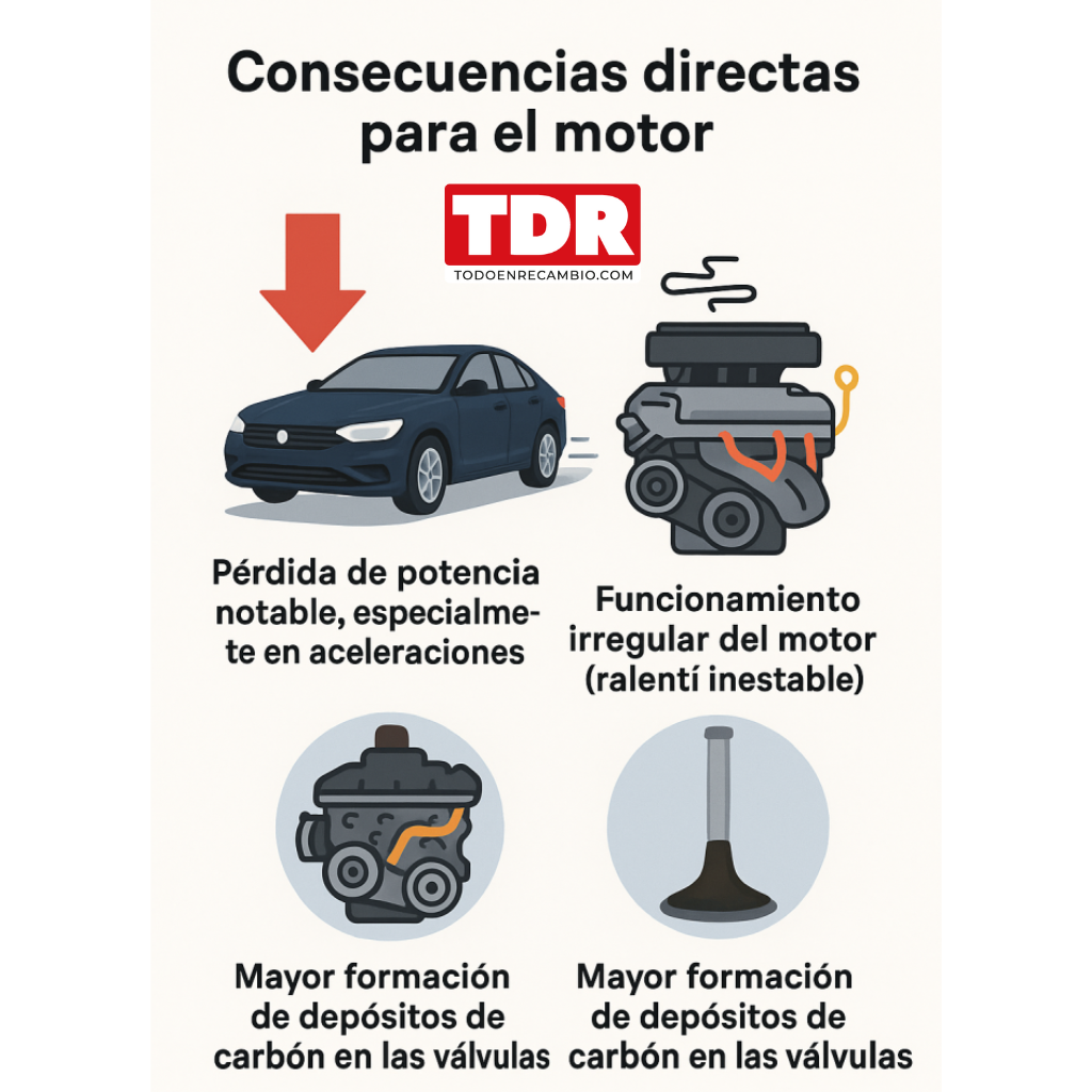 Consecuencias de un filtro de aire sucio en el motor: pérdida de potencia, ralentí inestable y acumulación de carbonilla.