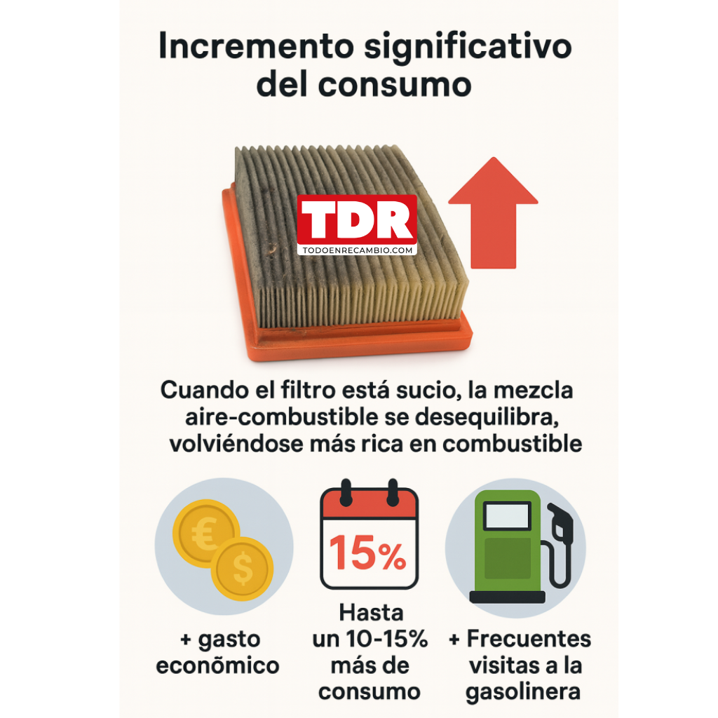 Filtro de aire obstruido causando aumento del consumo de combustible hasta un 15%.