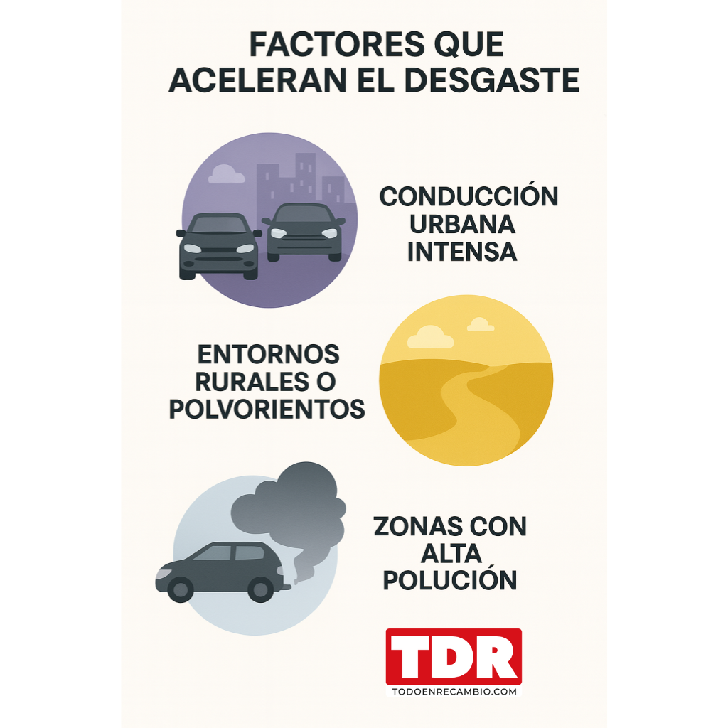Factores que aceleran el desgaste del filtro de aire: conducción urbana intensa, entornos polvorientos y contaminación.