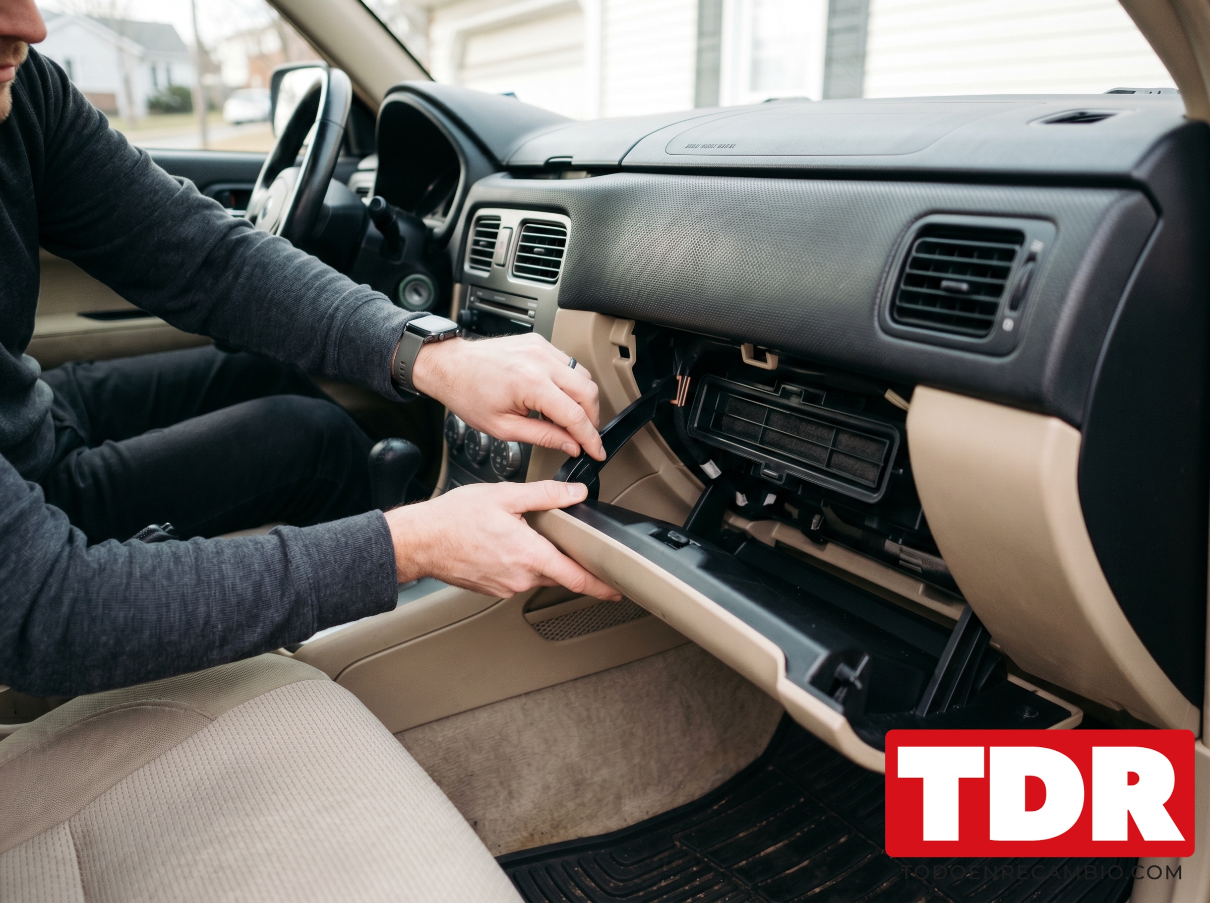 Abrir la guantera del coche presionando los clips laterales para acceder al alojamiento del filtro habitaculo