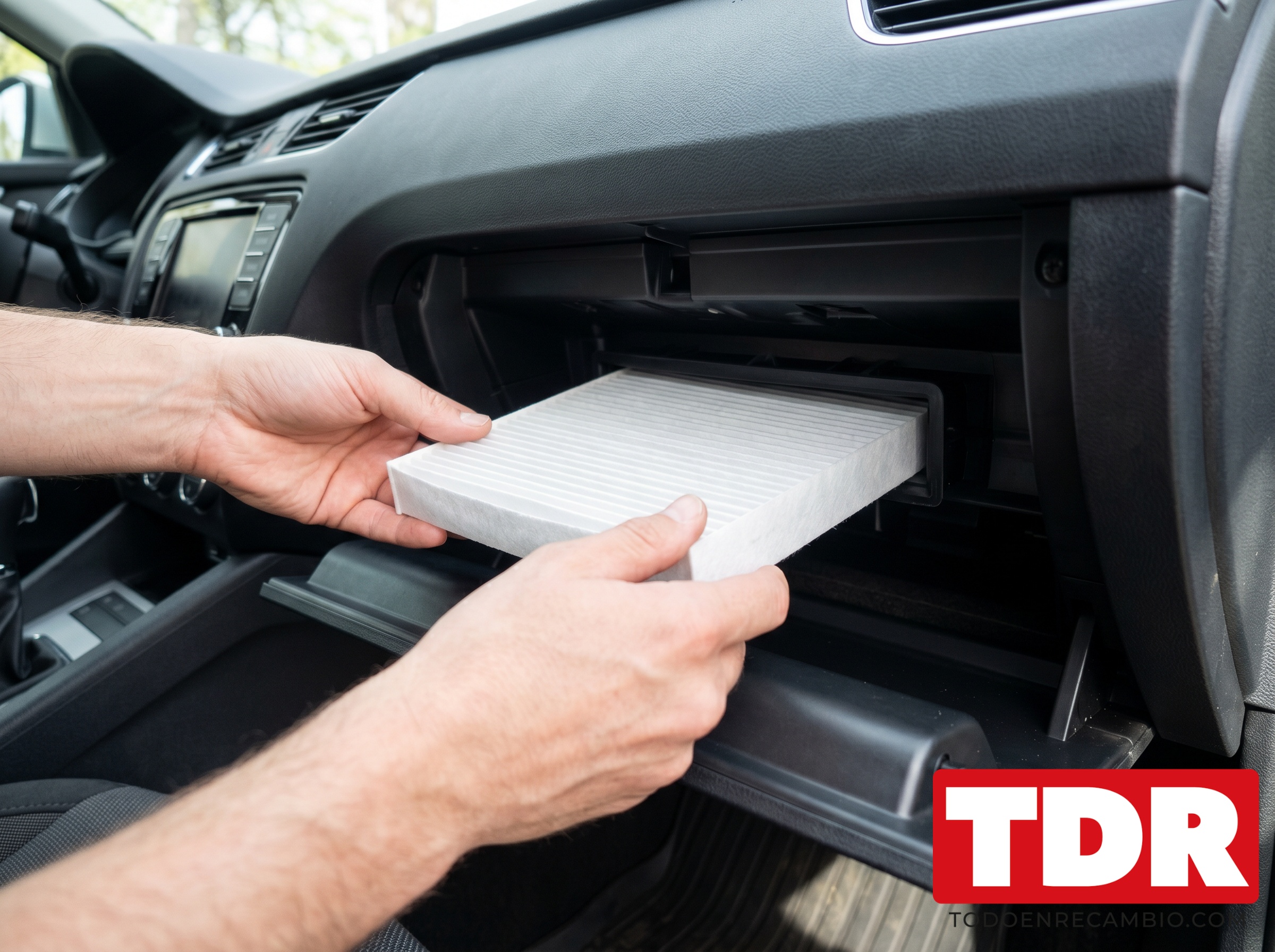 Insertar el filtro habitaculo nuevo en su alojamiento dentro del coche con la orientacion correcta segun la flecha