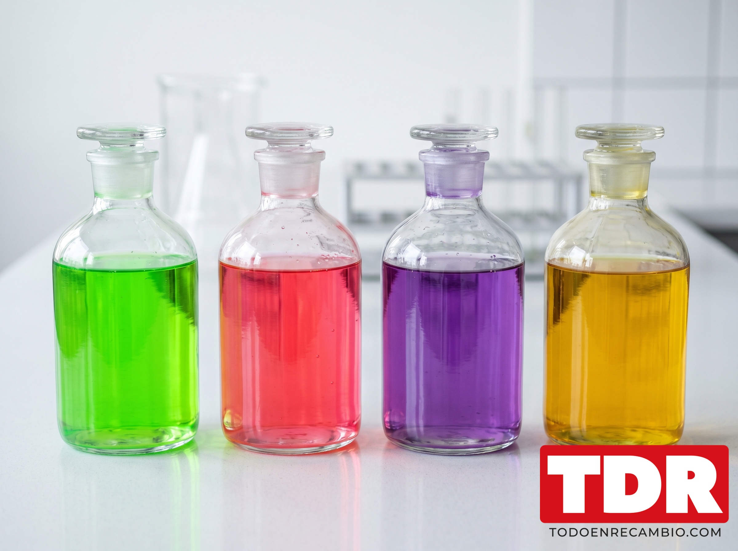 Botellas de anticongelante G11 azul, G12 rojo y G13 violeta con sus colores caracteristicos para coche