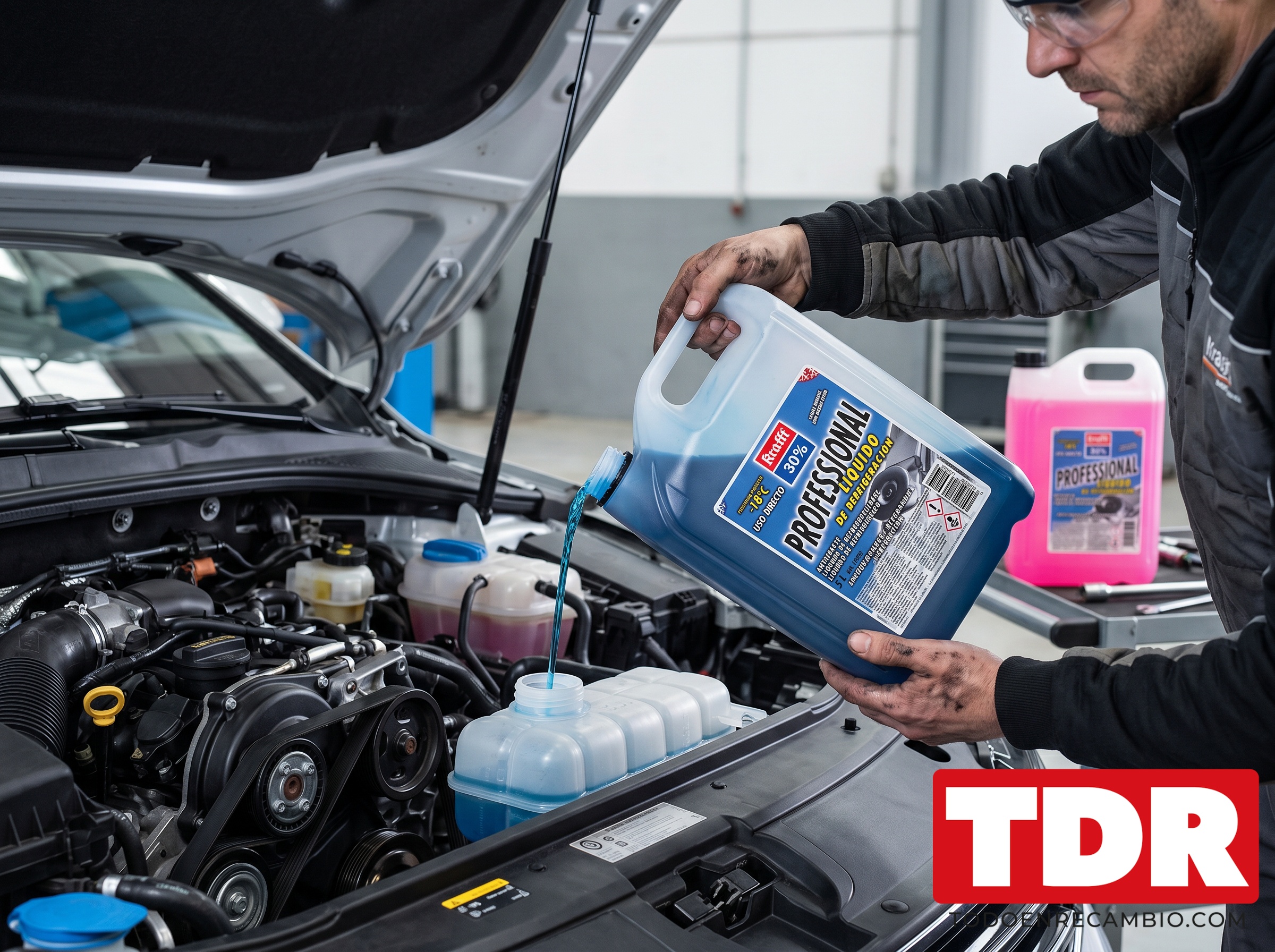 Echar anticongelante en el deposito de expansion del coche con la botella del tipo correcto segun el manual