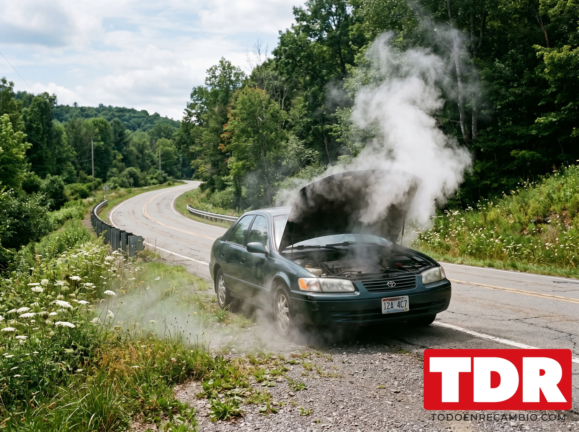 Coche parado en carretera con humo saliendo del capo por sobrecalentamiento del motor al fallar el sistema de refrigeracion