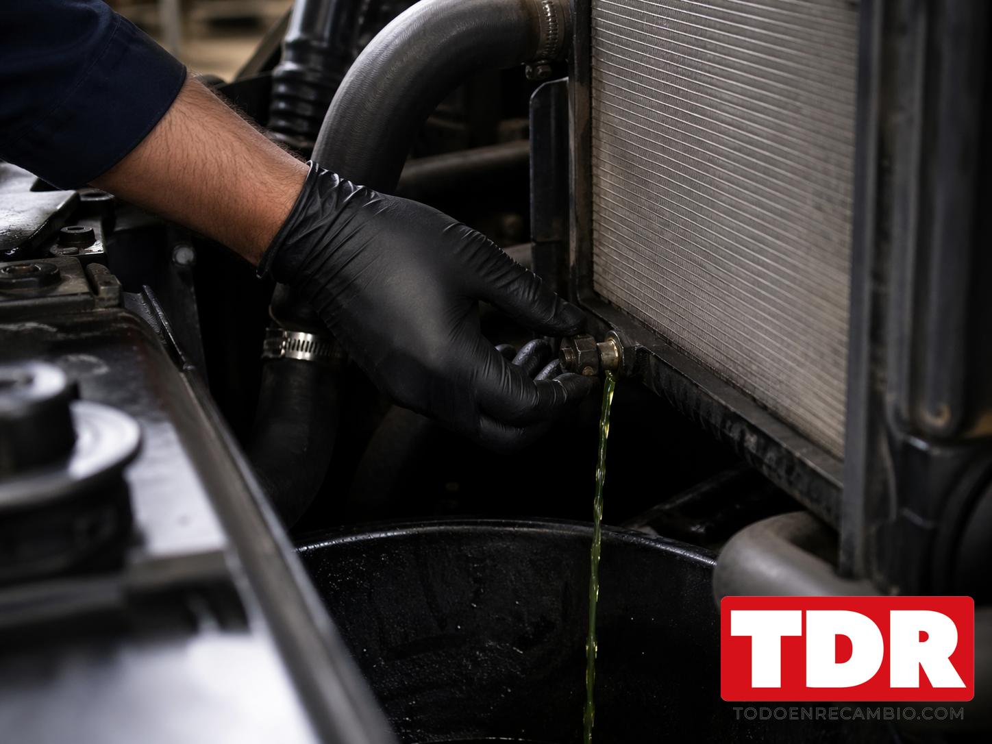 Tapon de purga inferior del radiador abierto para vaciar el liquido refrigerante antiguo del circuito de refrigeracion