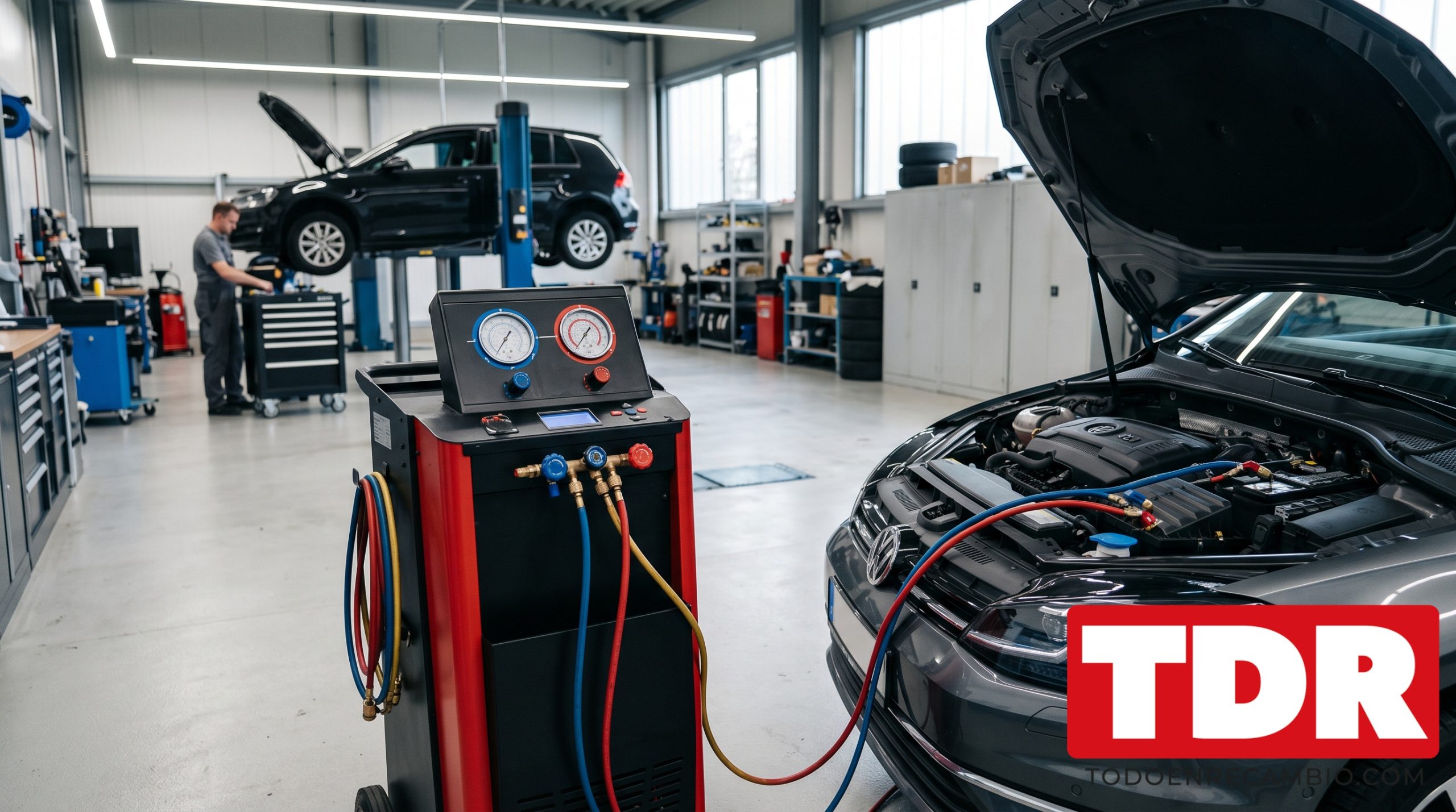 Equipo profesional de recarga de aire acondicionado en taller de automoción conectado a un vehículo