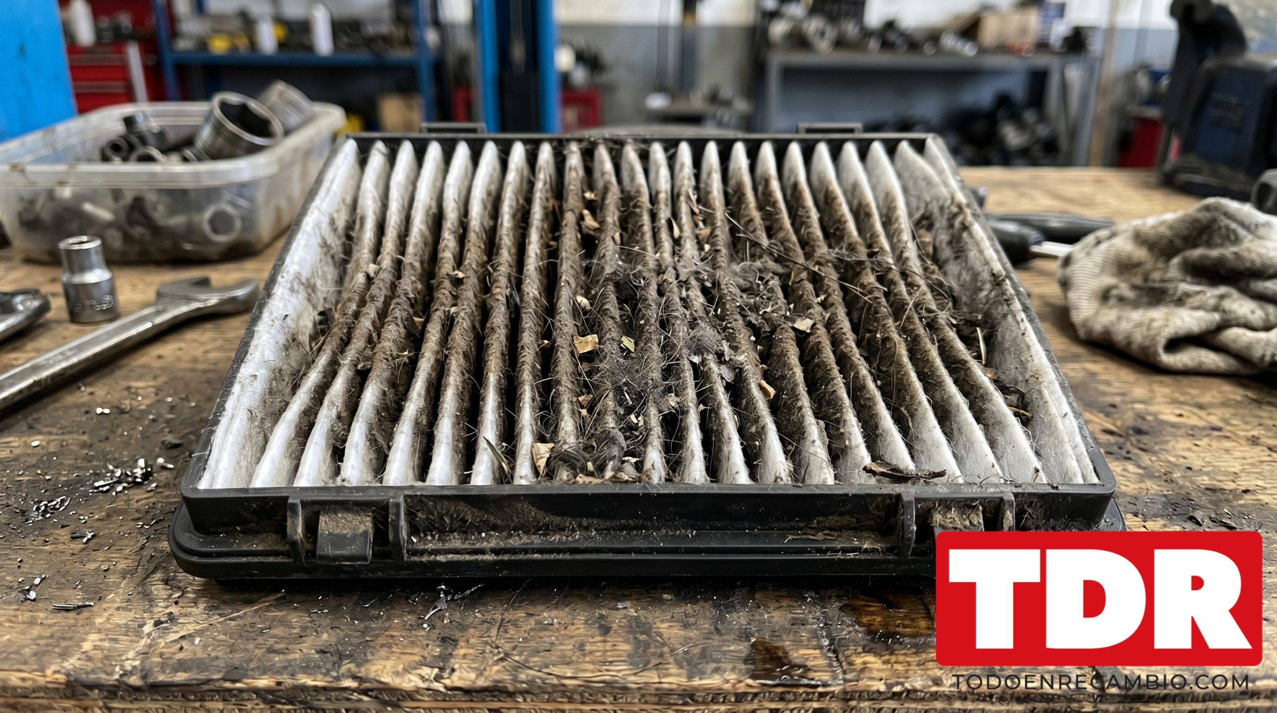 Filtro habitaculo sucio y saturado extraido del coche, causa principal del mal olor en el aire acondicionado