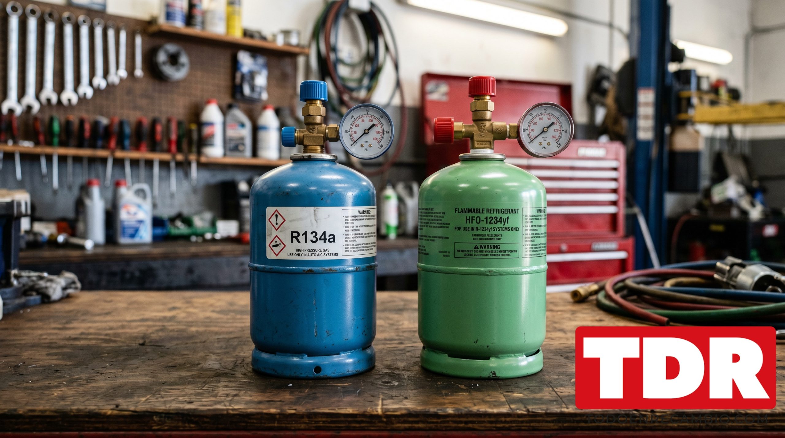 Botellas de gas refrigerante R134a y R1234yf para recargar el aire acondicionado del coche