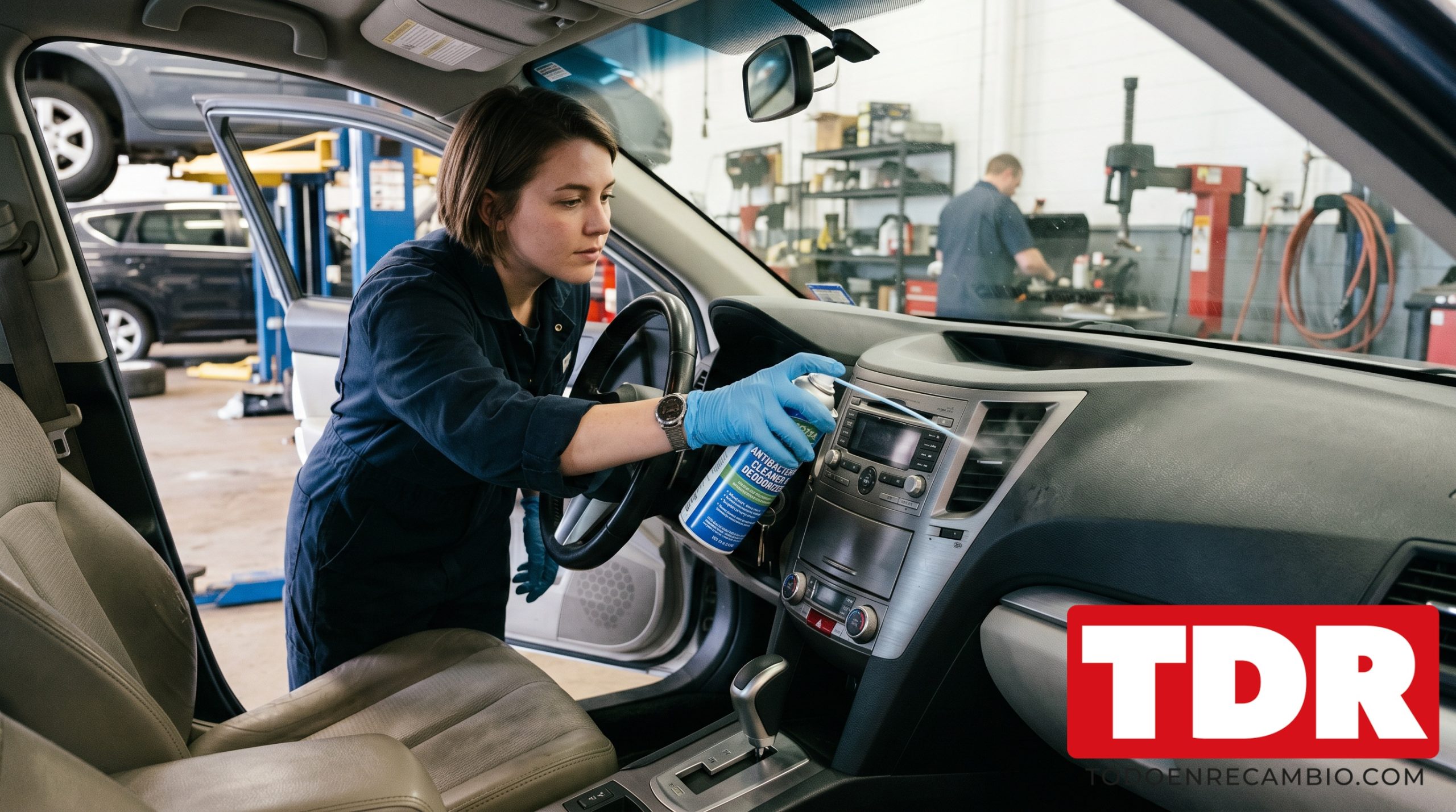 Spray limpiador de aire acondicionado aplicandose en el coche para eliminar olores y bacterias del evaporador