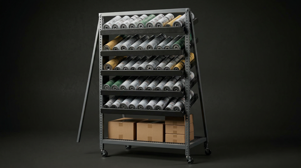 Estanteria con filtros de aceite para talleres profesionales