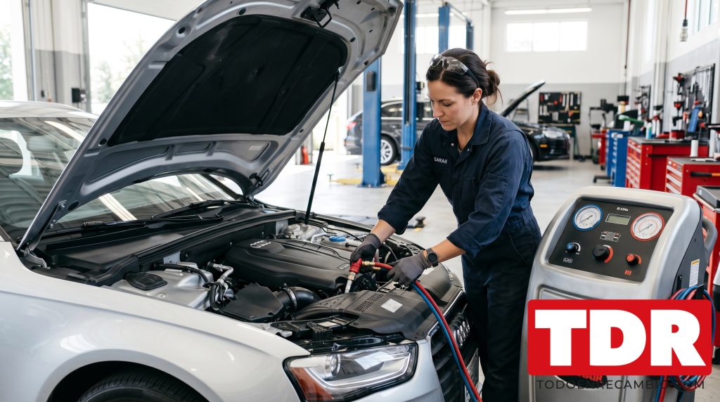 Tecnico recargando el aire acondicionado de un coche en taller con equipo profesional en 2026