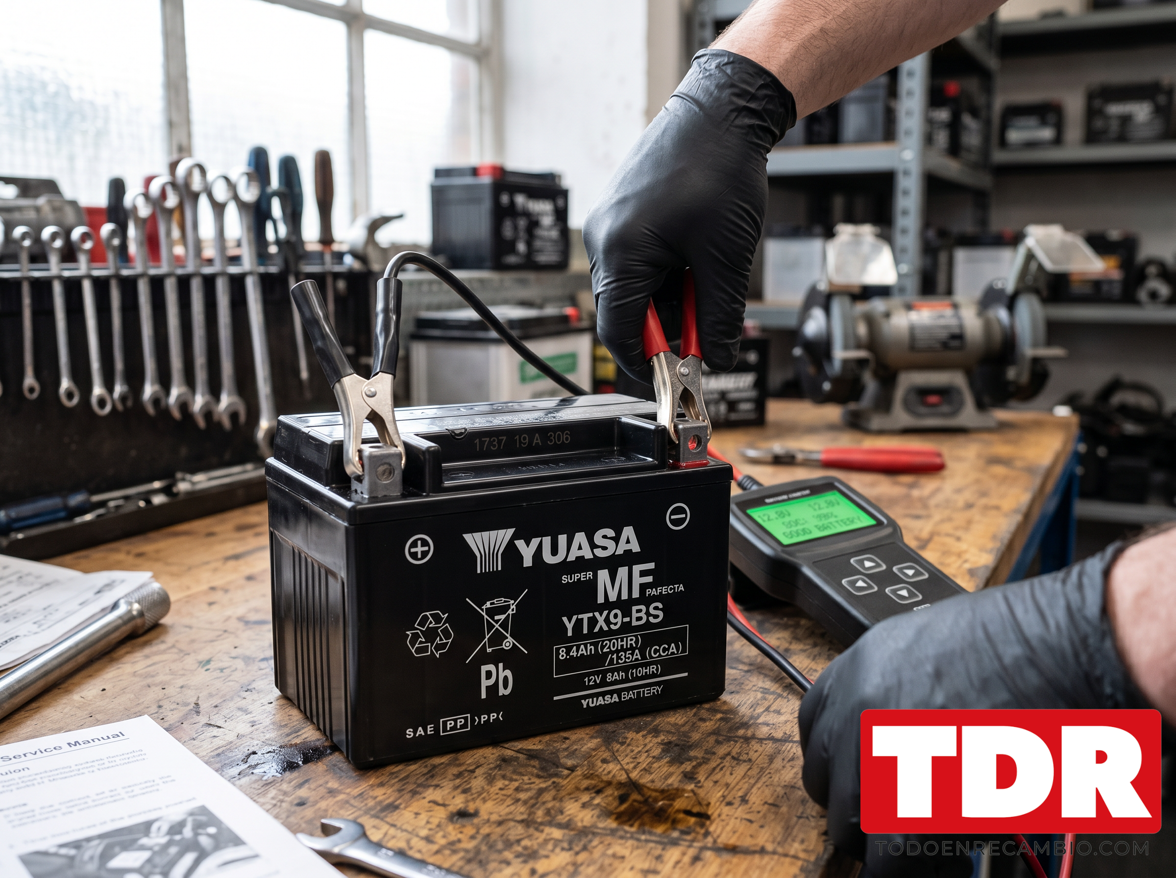 Comprobar voltaje bateria moto YUASA Comprobacion de voltaje de una bateria de moto YUASA con multimetro en taller
