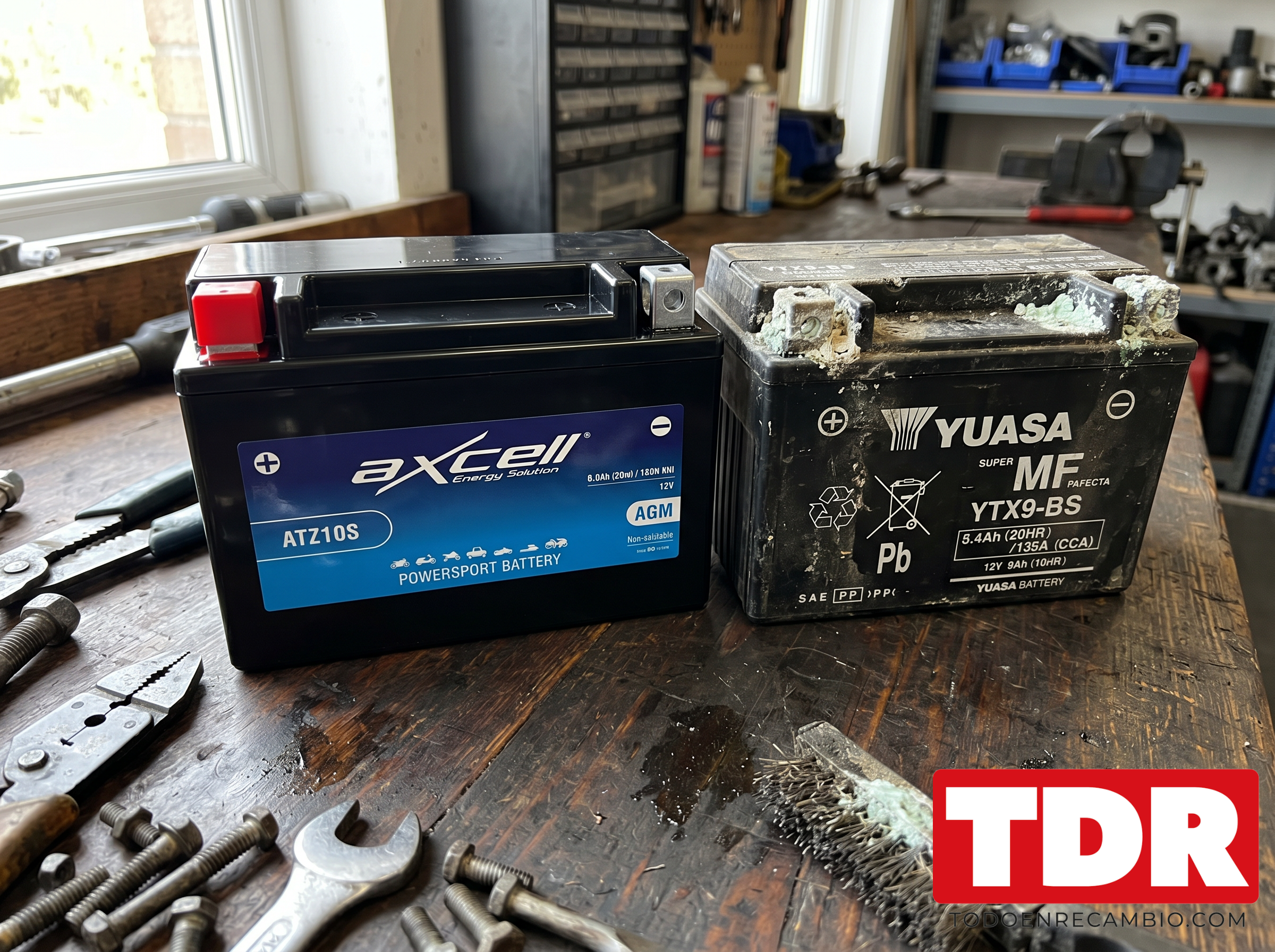 Bateria moto AXCELL nueva vs vieja Comparativa bateria de moto AXCELL nueva frente a bateria deteriorada al final de su vida util