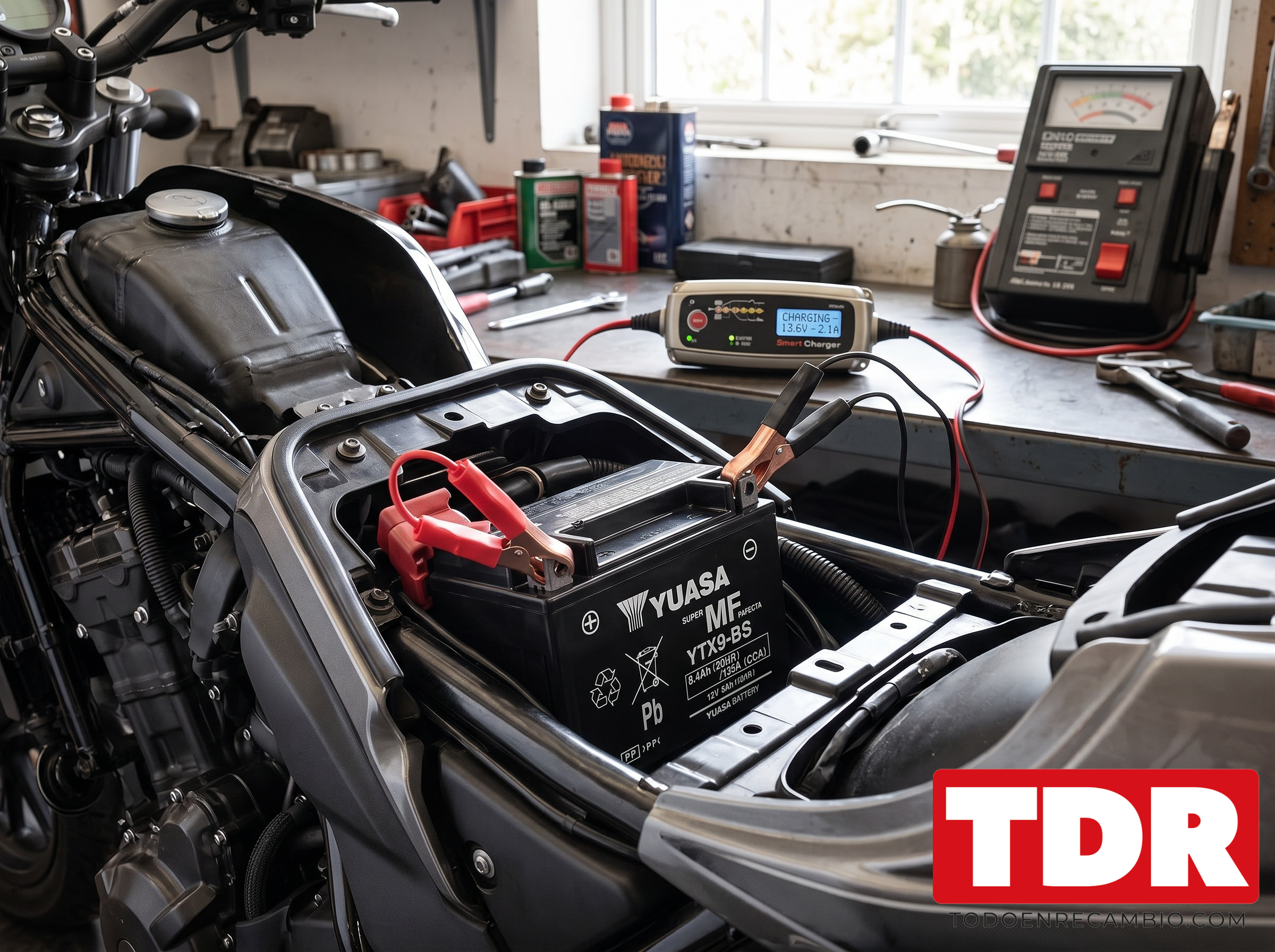Cargador mantenimiento bateria moto YUASA invierno Cargador de mantenimiento inteligente YUASA conectado a la bateria de una moto en periodo de inactividad