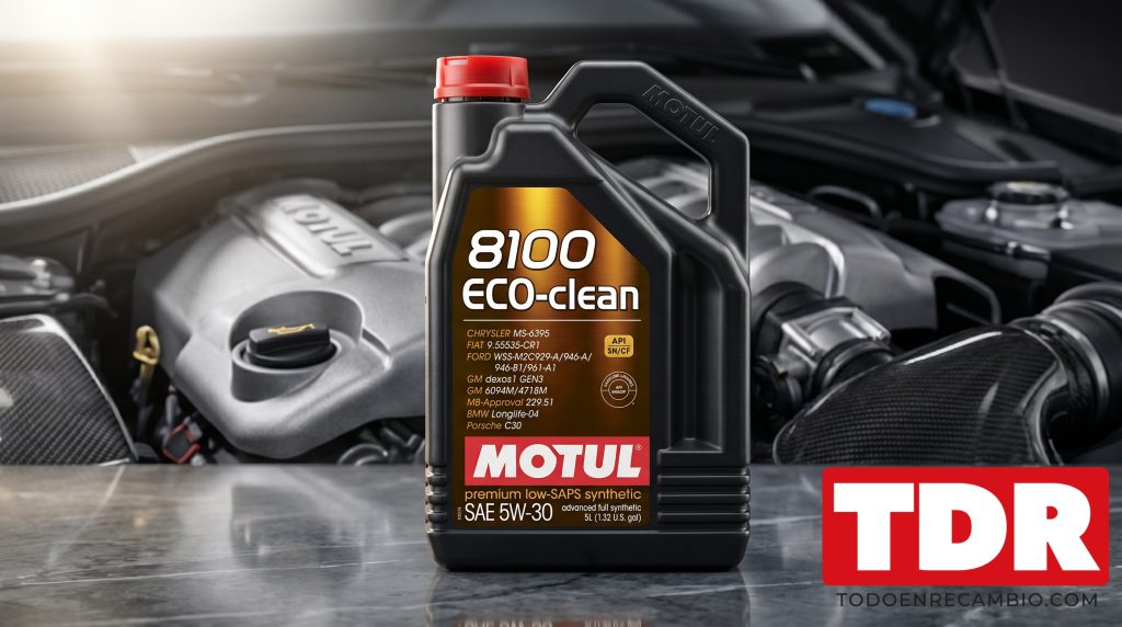 Garrafa de aceite MOTUL 0W30 Full Synthetic sobre fondo oscuro con reflejos metalicos para motores PSA Stellantis