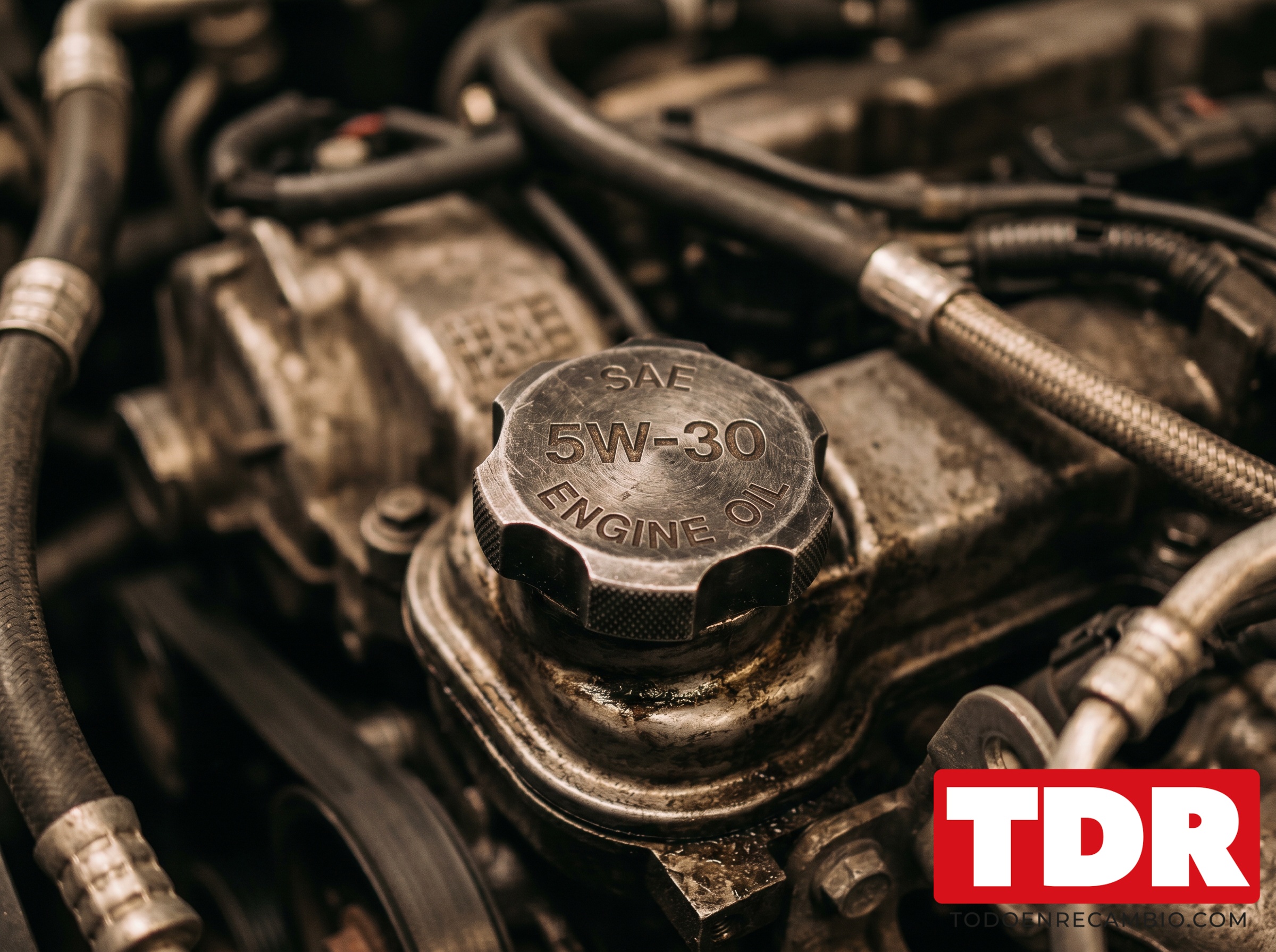 Primer plano tapón llenado aceite motor con especificación 5W30 grabada en la tapa