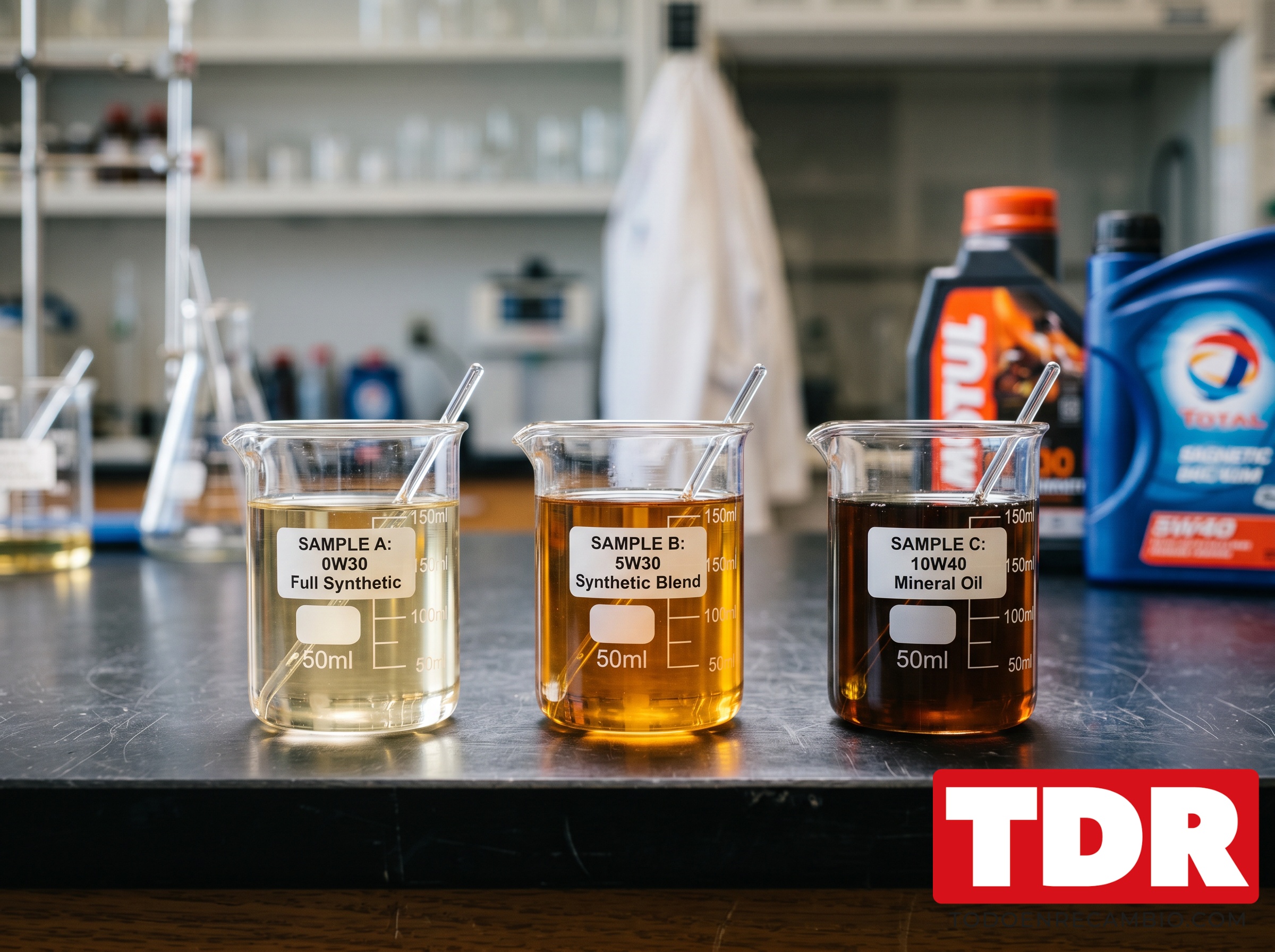 Muestras comparativas de aceite de motor en viscosidades 0W30 5W30 y 10W40 en tubos de ensayo