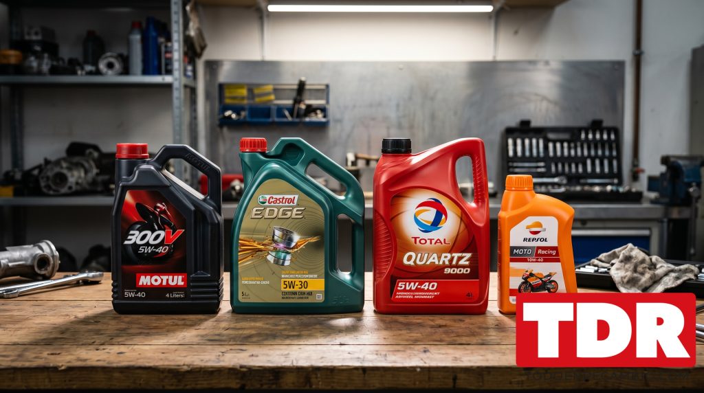 Garrafas de aceite motor de diferentes viscosidades MOTUL CASTROL y TOTAL alineadas en estanteria de taller profesional