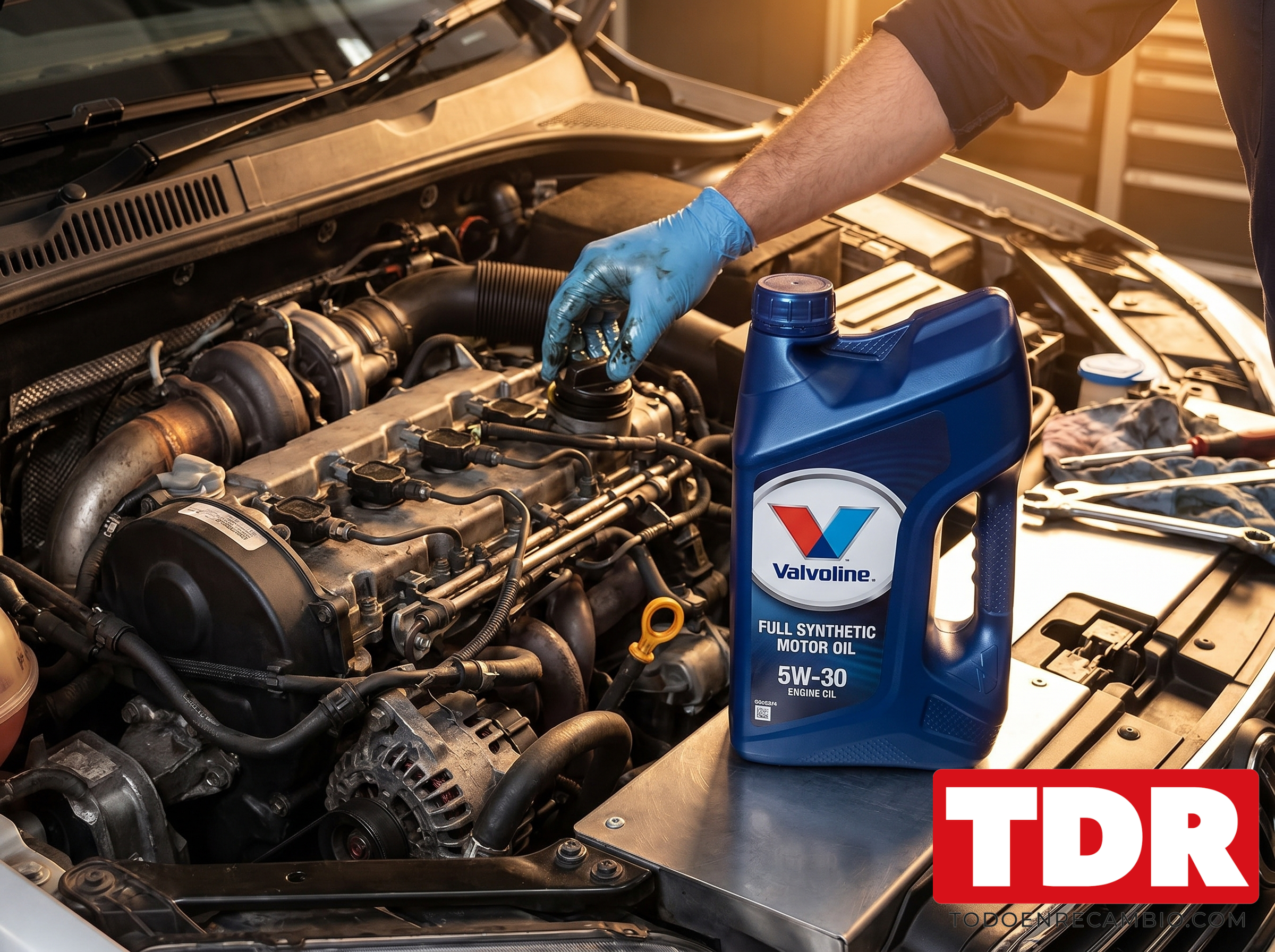 Botella Valvoline 5W30 ref. 908804 junto a motor diésel abierto en taller automotriz