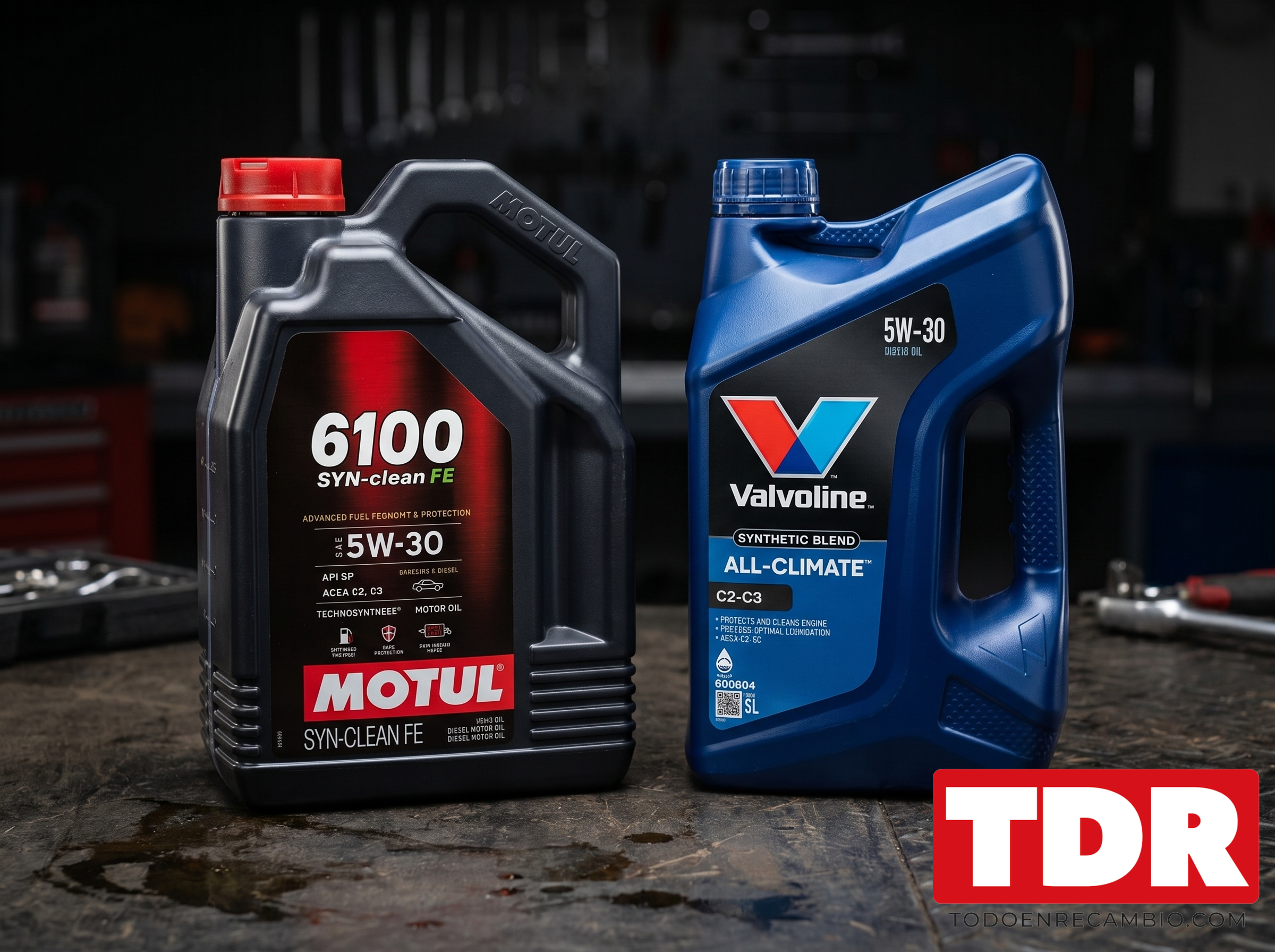 Comparativa botella Motul 6100 SYN-CLEAN FE 5W30 y Valvoline 5W30 sobre superficie de taller