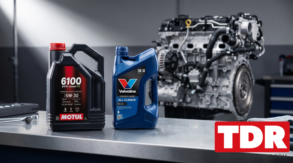 Botellas de aceite 5W30 Motul y Valvoline sobre banco de taller profesional - mejor aceite diesel 2026