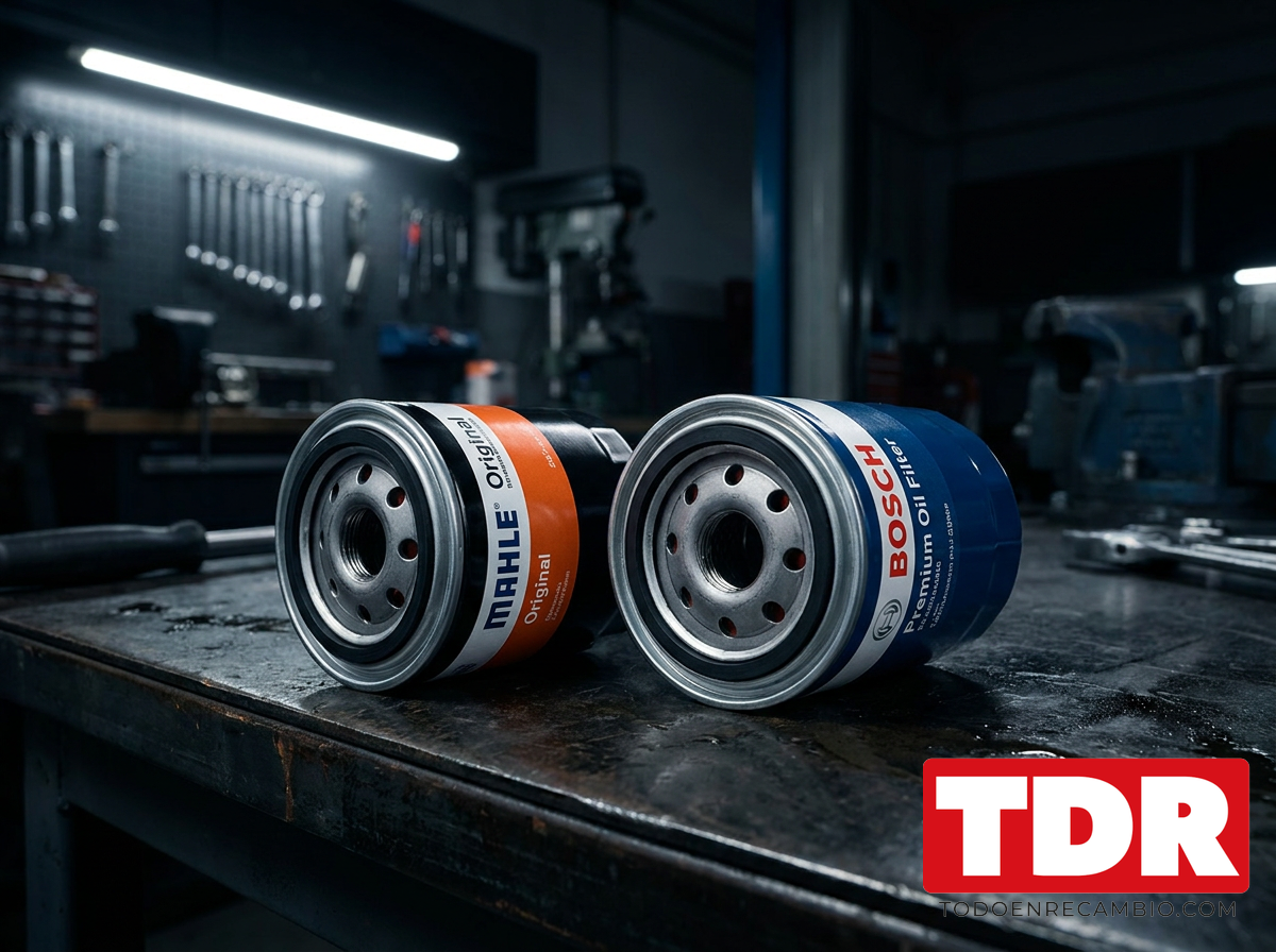 Comparativa filtros de aceite MAHLE y BOSCH sobre superficie de taller profesional