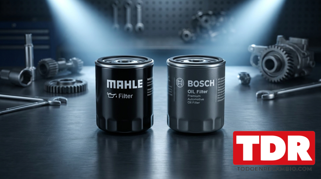 Filtros de aceite MAHLE y BOSCH sobre superficie de taller profesional