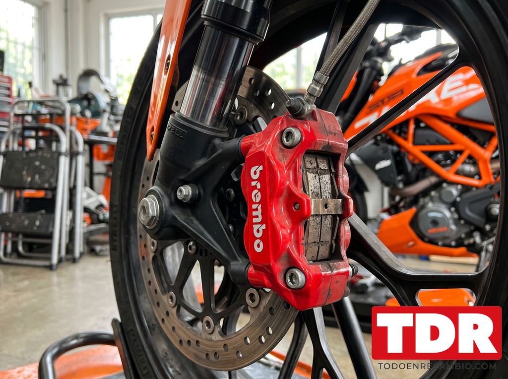 Pinza radial KTM Duke 390 pastillas BREMBO Pinza radial de freno delantera KTM Duke 390 con pastillas BREMBO sinterizadas en detalle