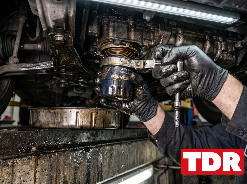 Mecanico con guantes cambiando el filtro de aceite de un coche en taller profesional