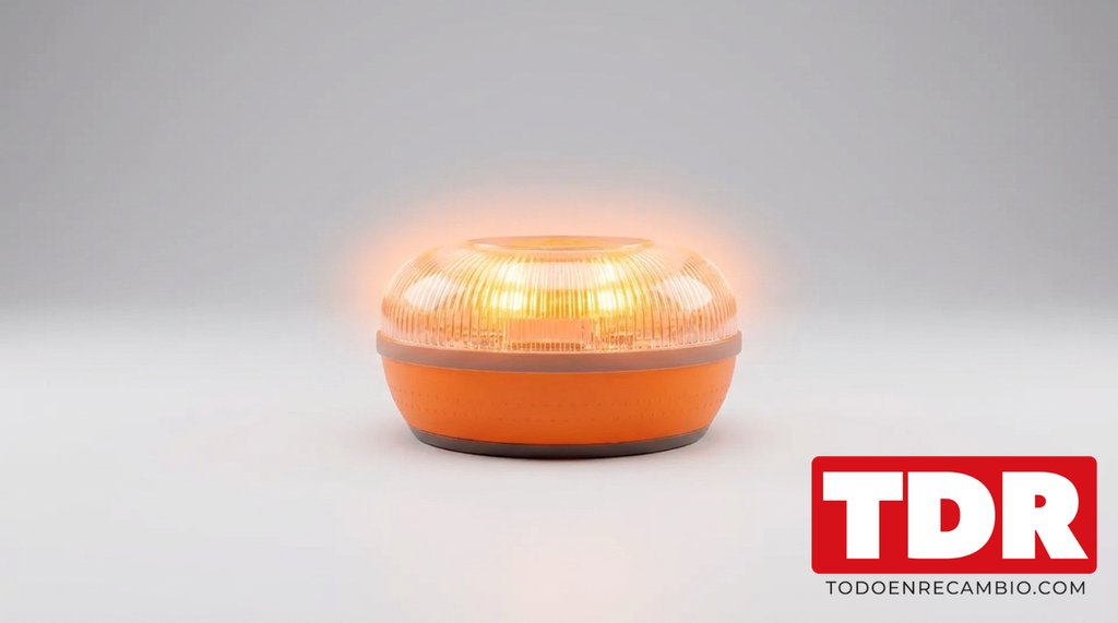 Baliza de emergencia V16 con luz LED naranja encendida sobre fondo claro