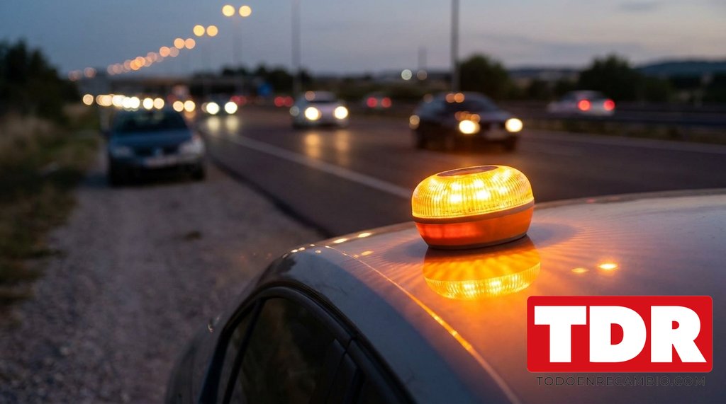 Baliza de emergencia V16 encendida sobre el techo de un coche en el arcén al anochecer