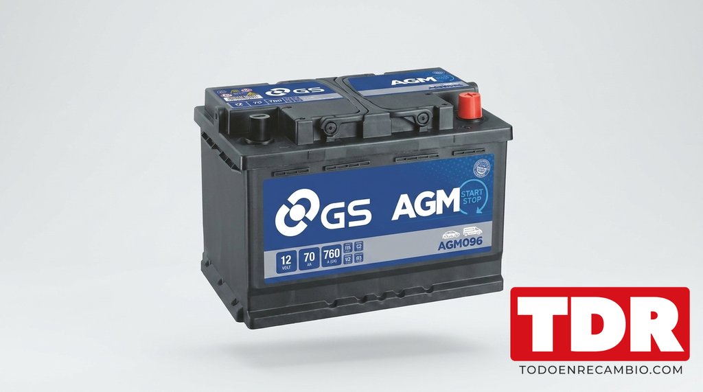Bateria de coche GS AGM sobre fondo tecnico claro