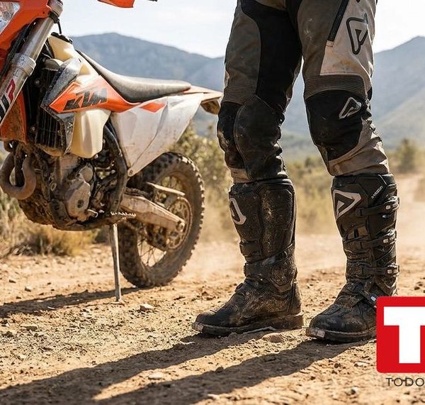 Piloto de enduro con botas de moto off-road negras junto a una moto de trail en pista de tierra