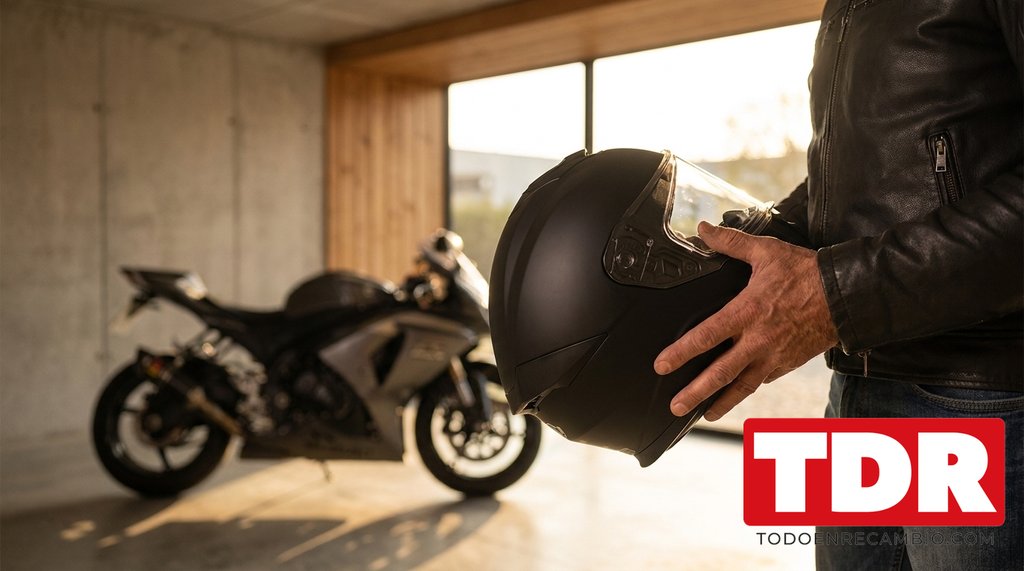 Motorista sujetando un casco de moto integral negro junto a su moto en un garaje