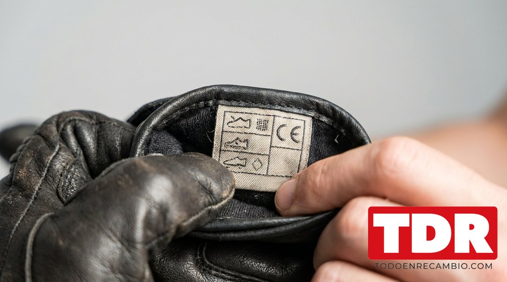 Etiqueta de homologacion CE cosida en el interior del puño de un guante de moto