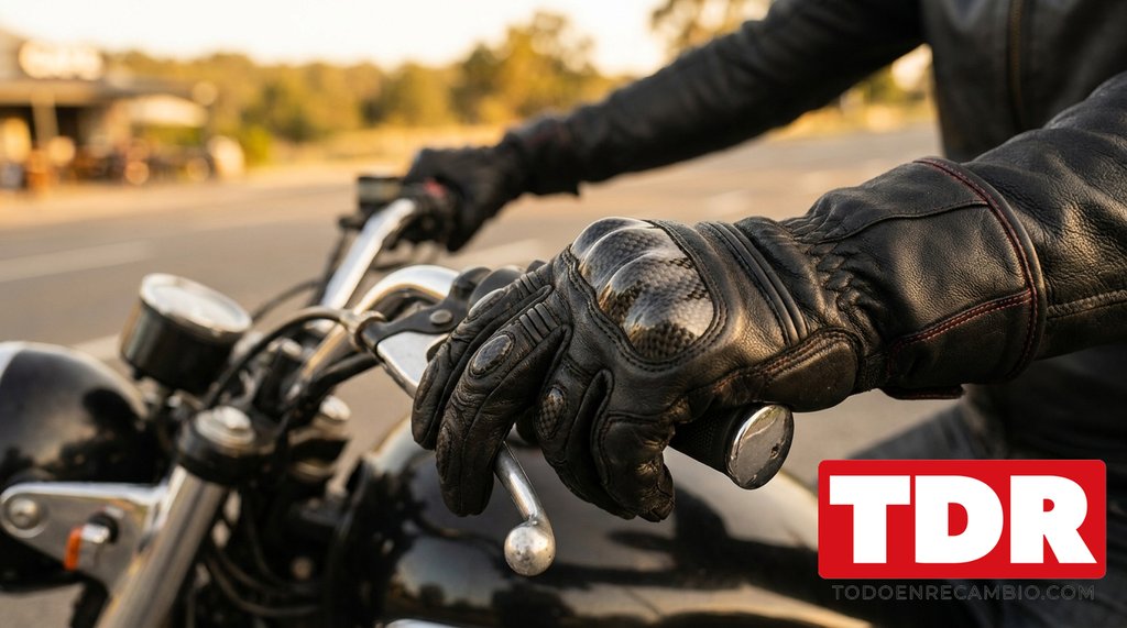Manos con guantes de moto homologados agarrando el manillar de una moto