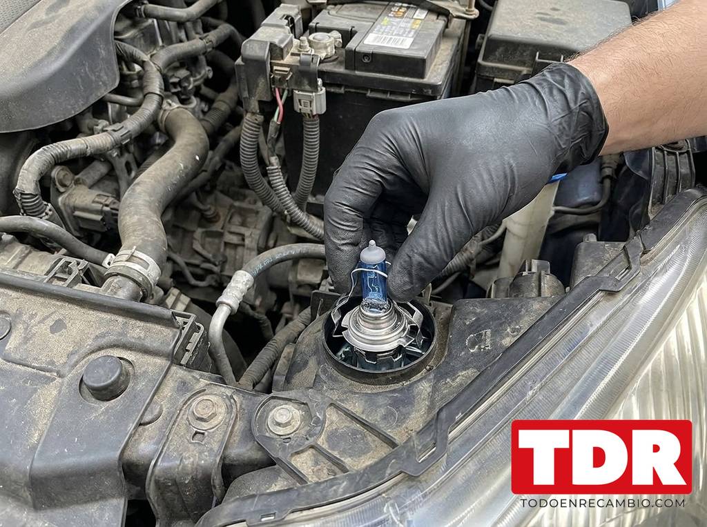 Mano con guantes instalando una bombilla H7 en el faro del coche