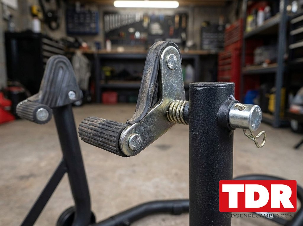 Detalle de los apoyos de goma en U de un caballete paddock trasero de moto
