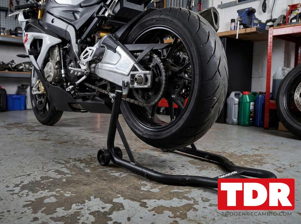 Rueda trasera de una moto elevada por un caballete paddock trasero en un garaje