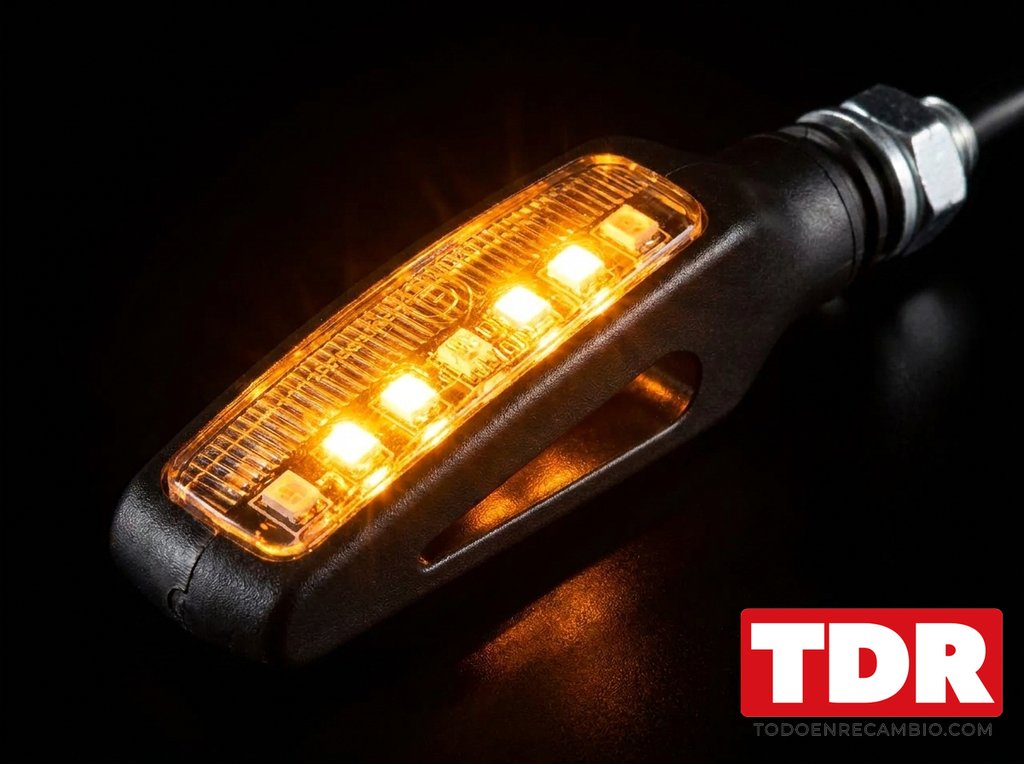 Detalle de un intermitente LED de moto encendido con luz ambar