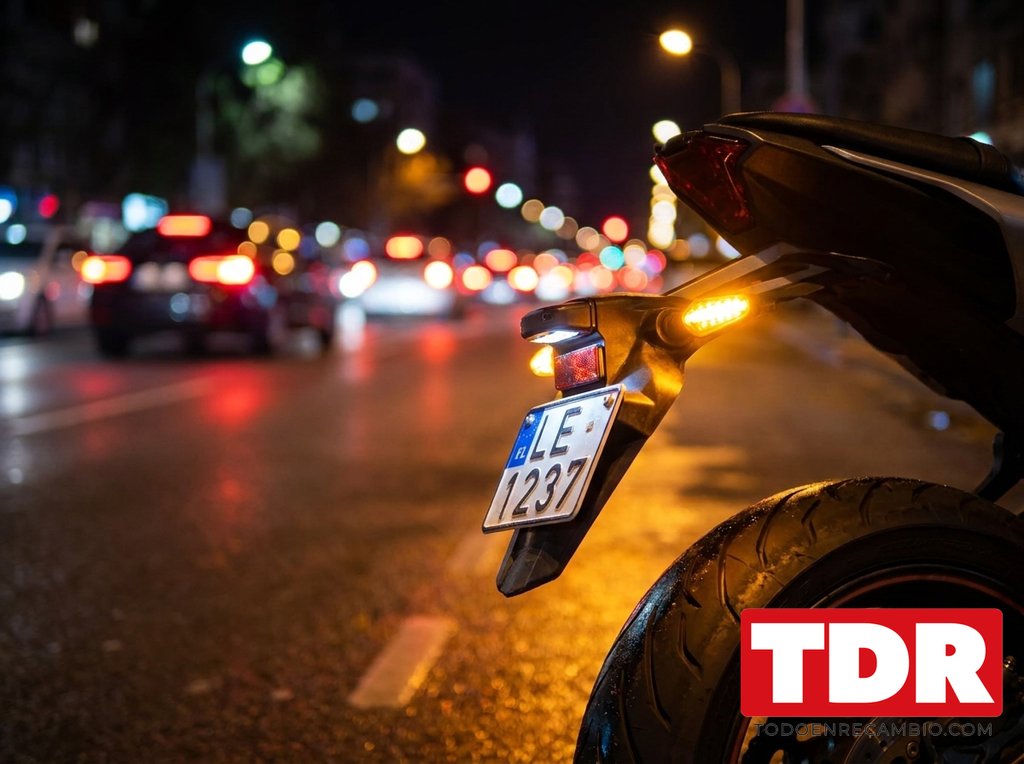 Parte trasera de una moto de noche con el intermitente LED ambar encendido
