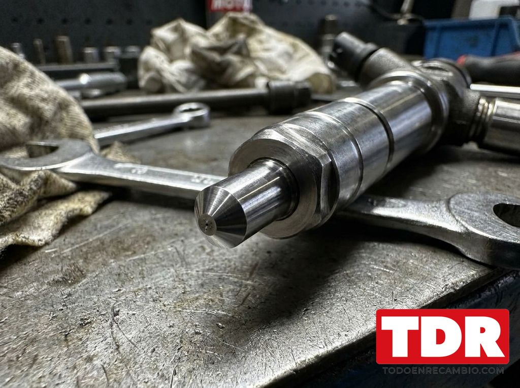 Inyector diesel common-rail limpio sobre banco de taller