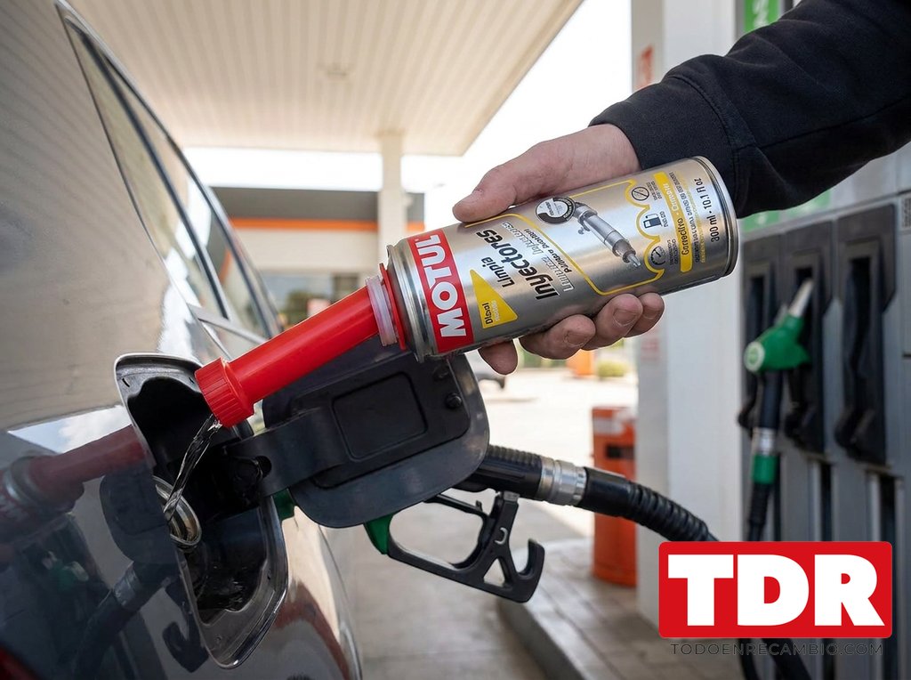 Mano vertiendo limpiador de inyectores en el deposito del coche en la gasolinera