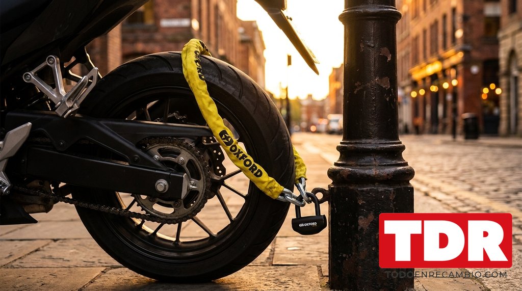Moto asegurada con cadena antirrobo amarilla a un punto fijo en una calle al atardecer