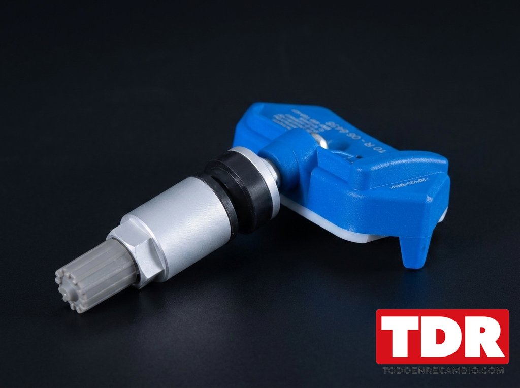 Detalle de un sensor TPMS de presion de neumaticos con valvula metalica