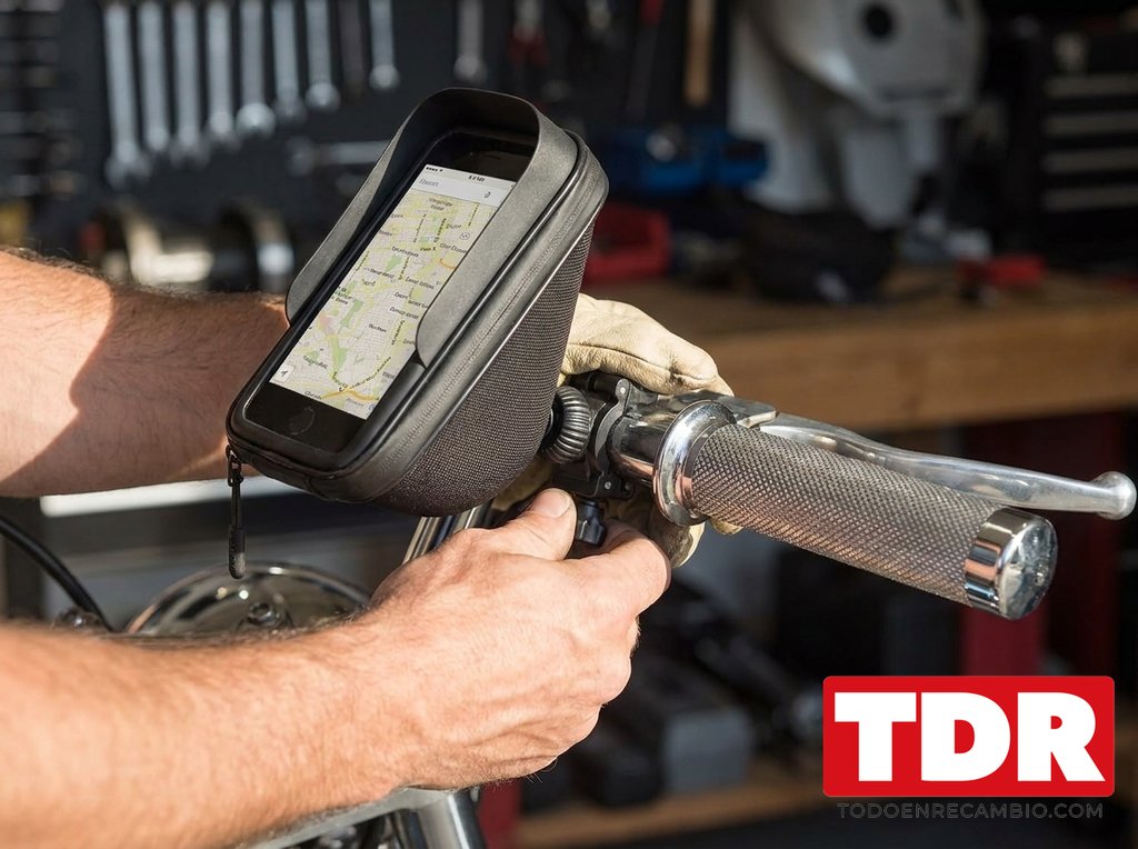 Manos montando un soporte de telefono en el manillar de una moto